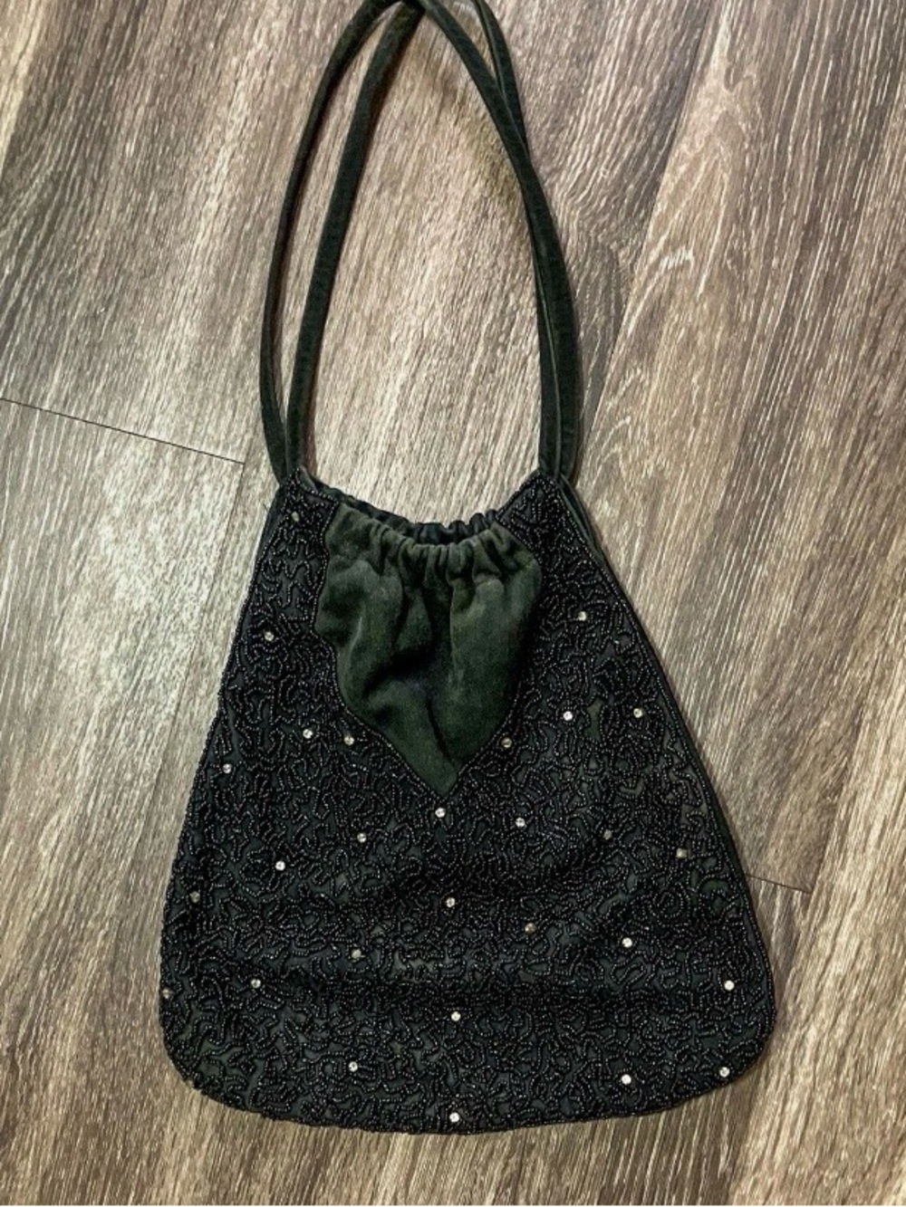 BCBGMaxAzria Black Beaded Shoulder Bag with Drawstring